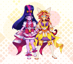 Size: 1773x1566 | Tagged: safe, artist:herrmann1018, derpibooru import, sci-twi, sunset shimmer, twilight sparkle, equestria girls, abstract background, alternate hairstyle, clothes, cosplay, costume, crossover, go princess precure, grin, smiling