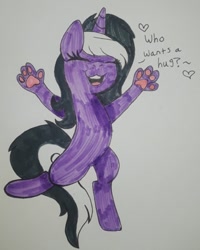 Size: 334x418 | Tagged: safe, artist:bittersweet presents.., artist:chewy-tartz, derpibooru import, oc, oc only, oc:charming dazz, pony, skunk, skunk pony, bipedal, grin, happy, heart, hug, paws, smiling, solo, standing, standing on one leg, traditional art, underpaw