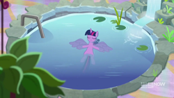 Size: 1280x720 | Tagged: safe, derpibooru import, screencap, twilight sparkle, twilight sparkle (alicorn), alicorn, spoiler:deep tissue memories, 9now, belly, deep tissue memories, floating, solo, swimming pool, water