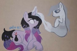 Size: 720x475 | Tagged: safe, artist:bittersweet presents.., artist:chewy-tartz, derpibooru import, oc, oc:mystery, ghost, ghost pony, unicorn, alchemy, atg 2020, cloven hooves, colored pencil drawing, curved horn, glowing eyes, glowing horn, horn, necromancy, newbie artist training grounds, potion, traditional art