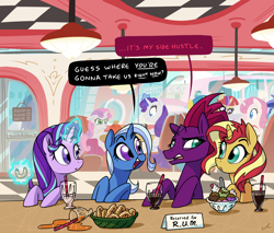 Size: 5400x4609 | Tagged: safe, artist:docwario, derpibooru import, fizzlepop berrytwist, lemon hearts, minuette, moondancer, rarity, starlight glimmer, sunset shimmer, sweetie belle, tempest shadow, trixie, twinkleshine, pony, unicorn, cute, dialogue, diner, food, inconvenient trixie, reformed unicorn meeting, sad, sadorable, sweetie belle is not amused, teary eyes, unamused, wavy mouth