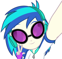 Size: 4406x4154 | Tagged: safe, artist:sketchmcreations, derpibooru import, dj pon-3, vinyl scratch, better together, do it for the ponygram!, equestria girls, female, headphones, peace sign, raised arm, selfie, simple background, smiling, transparent background, vector