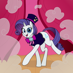 Size: 1500x1500 | Tagged: safe, artist:pony quarantine, derpibooru import, rarity, pony, unicorn, disappearing act, my little pony: pony life, spoiler:pony life s01e12, bowtie, female, gem, hat, magician outfit, magician rarity, mare, pose, simple background, smoke, solo, top hat