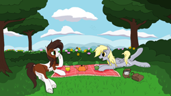 Size: 3029x1704 | Tagged: safe, artist:swegmeiser, derpibooru import, derpy hooves, oc, oc:preciosa, butterfly, earth pony, pegasus, pony, 16:9, blushing, flower, food, messenger bag, picnic, storm on the horizon, tea, tea party