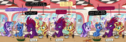 Size: 13572x4609 | Tagged: safe, artist:docwario, derpibooru import, fizzlepop berrytwist, lemon hearts, minuette, moondancer, rarity, starlight glimmer, sunset shimmer, sweetie belle, tempest shadow, trixie, twinkleshine, pony, unicorn, absurd resolution, broken horn, comic, counterparts, cute, dialogue, diner, female, food, horn, ice cream, inconvenient trixie, mare, reformed unicorn meeting, sad, sadorable, sweetie belle is not amused, teary eyes, twilight's counterparts, unamused, wavy mouth