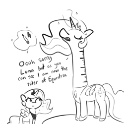 Size: 2250x2250 | Tagged: safe, artist:tjpones, derpibooru import, princess celestia, princess luna, alicorn, pony, :, body writing, duo, eyes closed, female, levitation, lineart, long neck, looking up, magic, mare, marker, monochrome, open mouth, pen, princess necklestia, pun, royal sisters, ruler, sibling rivalry, siblings, simple background, sisters, size difference, snooty, spread wings, telekinesis, visual pun, wat, white background, wide eyes, wings