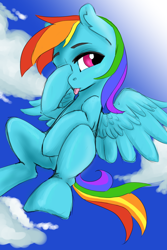 Size: 768x1152 | Tagged: safe, artist:kiwi cutie, derpibooru import, rainbow dash, pegasus, pony, :p, cloud, digital art, female, flying, mare, one eye closed, sky, solo, speedpaint, tail, teasing, tongue out, wings