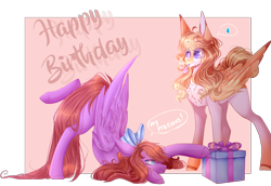Size: 2481x1704 | Tagged: safe, artist:keltonia, derpibooru import, oc, oc only, pegasus, pony, bow, female, hair bow, mare, party horn, present
