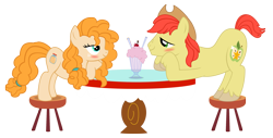 Size: 2671x1356 | Tagged: safe, artist:three uncle, derpibooru import, edit, bright mac, pear butter, earth pony, pony, hearts and hooves day (episode), the perfect pear, blushing, brightbutter, cowboy hat, eye contact, female, hat, hearts and hooves day, husband and wife, looking at each other, male, mare, milkshake, shipping, simple background, stallion, straight, table, transparent background