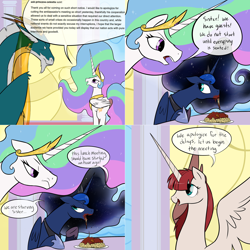 Size: 2562x2562 | Tagged: safe, artist:professor-ponyarity, derpibooru import, princess celestia, princess luna, oc, oc:fausticorn, alicorn, dragon, pony, dimar: lost waters, food, luuko, pasta, spaghetti, tumblr:ask rye dimar dragon