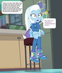 Size: 624x733 | Tagged: safe, derpibooru import, edit, edited screencap, editor:thomasfan45, screencap, trixie, oc, oc:firestar, human, equestria girls, equestria girls series, forgotten friendship, 1000 hours in ms paint, blank expression, boots, canterlot high, classroom, clothes, computer, cute, description is relevant, desk, female, hoodie, hypnosis, hypnotized, kneesocks, male, offscreen character, offscreen male, open mouth, pendulum swing, pinpoint eyes, pocket watch, shoes, sitting, skirt, socks, solo, speech bubble, stool, story included
