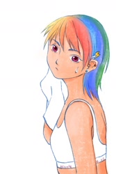 Size: 1200x1800 | Tagged: safe, artist:nicole43323890, derpibooru import, rainbow dash, human, clothes, delicious flat chest, ear piercing, female, humanized, piercing, rainbow flat, solo, sweat, tanktop, towel