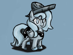 Size: 1024x768 | Tagged: safe, artist:silver-mane1, derpibooru import, princess luna, alicorn, pony, blue background, cartographer's cap, female, filly, hat, monochrome, moonstuck, simple background, solo, woona, younger