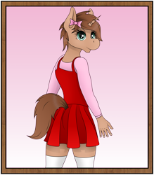 Size: 3500x4000 | Tagged: safe, alternate version, artist:zeronitroman, derpibooru import, oc, oc:heroic armour, anthro, unicorn, bedroom eyes, behind, bow, clothes, commission, commissioner:rautamiekka, crossdressing, dress, fake eyelashes, femboy, horn, looking back, male, older, socks, solo, tail, teenager, thigh highs, trap, ych result