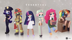 Size: 2560x1440 | Tagged: safe, artist:howxu, derpibooru import, edit, editor:michaelsety, applejack, fluttershy, pinkie pie, rainbow dash, rarity, twilight sparkle, human, equestria girls, axe, clothes, female, firefighter, human coloration, humanized, lab coat, mane six, nurse, nurse outfit, police officer, police uniform, raricop, scientist, surgical mask, weapon