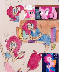 Size: 540x659 | Tagged: safe, artist:lunaart, derpibooru import, screencap, pinkie pie, human, mermaid, seapony (g4), my little pony: the movie, bookshelf, cute, diapinkes, flip-flops, humanized, pinkie being pinkie, sandals, scene interpretation, screencap reference