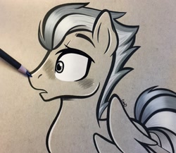 Size: 2048x1776 | Tagged: safe, artist:emberslament, derpibooru import, oc, oc only, oc:swift apex, pegasus, pony, blushing, boop, colored pencil drawing, colored pencils, cute, male, monochrome, open mouth, pencil boop, photo, solo, stallion, surprised, traditional art