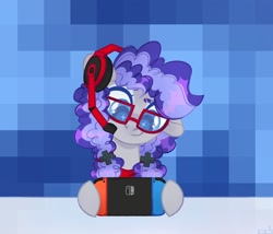Size: 2048x1754 | Tagged: safe, artist:n in a, derpibooru import, oc, oc only, oc:cinnabyte, earth pony, pony, adorkable, bandana, cute, dork, earth pony oc, gaming, gaming headset, glasses, headphones, headset, nintendo switch, smiling, switch, wingding eyes