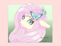 Size: 1600x1200 | Tagged: safe, artist:paranoid_siren, derpibooru import, fluttershy, butterfly, pegasus, pony, cute, floppy ears, floral head wreath, flower, flower in hair, looking at you, pastel, shyabetes, solo