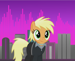 Size: 4304x3500 | Tagged: safe, artist:anime-equestria, derpibooru import, applejack, earth pony, pony, alternate hairstyle, city, cityscape, clothes, female, jacket, jewelry, mare, necklace, retro, scan lines, skyline, smiling, solo, synthwave, zipper