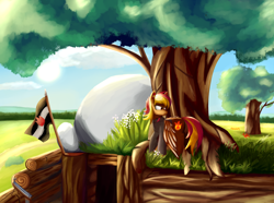 Size: 2100x1560 | Tagged: safe, derpibooru import, oc, oc only, oc:litefire, equestria at war mod, clothes, flag, longsword, scenery, stone, tree, trench, uniform, weapon