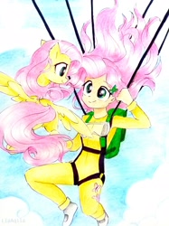 Size: 2266x3022 | Tagged: safe, artist:liaaqila, derpibooru import, fluttershy, pegasus, pony, equestria girls, air ponyville, clothes, cloud, commission, cute, duo, female, flying, goggles, harness, high res, human ponidox, jumpsuit, looking at each other, mare, parachute, self ponidox, shyabetes, sky, skydiving, smiling, spread wings, tack, traditional art, wings