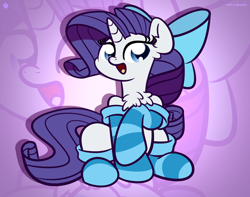 Size: 3250x2560 | Tagged: safe, artist:kimjoman, derpibooru import, rarity, pony, unicorn, bow, chest fluff, clothes, cute, female, hair bow, high res, mare, open mouth, purple background, raribetes, simple background, sitting, socks, solo, striped socks, zoom layer