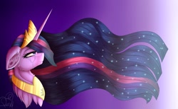 Size: 2048x1260 | Tagged: safe, artist:pearl123_art, derpibooru import, princess twilight 2.0, twilight sparkle, twilight sparkle (alicorn), alicorn, pony, the last problem, bust, chest fluff, crown, crying, ear fluff, ethereal mane, female, gradient background, jewelry, mare, peytral, regalia, solo, starry mane, tiara