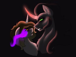 Size: 2048x1536 | Tagged: safe, artist:pearl123_art, derpibooru import, king sombra, oc, pony, unicorn, black background, canon x oc, chest fluff, curved horn, female, glowing horn, horn, male, mare, simple background, sombra eyes, stallion, straight, unicorn oc