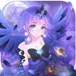 Size: 1250x1250 | Tagged: safe, artist:bekechu, derpibooru import, princess luna, alicorn, human, alternative cutie mark placement, bare shoulders, bow, clothes, colored pupils, crown, cute, cutie mark on human, dress, ear piercing, earring, ethereal mane, feather, female, galaxy, galaxy mane, horn, horned humanization, humanized, jewelry, looking at you, lunabetes, mare in the moon, moon, night, piercing, planet, regalia, saturn, sky, solo, starry mane, stars, strapless, winged humanization, wings
