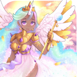 Size: 1250x1250 | Tagged: safe, artist:bekechu, derpibooru import, princess celestia, alicorn, human, alternative cutie mark placement, armor, clothes, cloud, colored pupils, cute, cutelestia, cutie mark on human, dark skin, dress, ear piercing, earring, feather, female, gauntlet, horn, horned humanization, humanized, jewelry, looking at you, piercing, scepter, side slit, solo, strapless, sun, winged humanization, wings