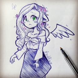 Size: 1080x1080 | Tagged: safe, artist:beakka, derpibooru import, fluttershy, human, bare shoulders, clothes, eared humanization, female, floating wings, floppy ears, flower, flower in hair, frown, humanized, lineart, signature, solo, traditional art, winged humanization, wings