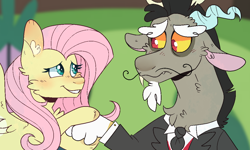 Size: 1110x667 | Tagged: safe, artist:no-name-blog-scree, artist:no-name-blogg, artist:noodlezss, derpibooru import, discord, fluttershy, draconequus, pegasus, pony, keep calm and flutter on, blushing, cheek fluff, chest fluff, clothes, colored hooves, duo, ear fluff, facial hair, female, floppy ears, holding, looking at each other, mare, moustache, necktie, scene interpretation, smiling, spread wings, tuxedo, wings