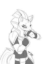 Size: 1679x2200 | Tagged: safe, artist:bluntwhiskey, derpibooru import, tempest shadow, anthro, armor, broken horn, female, fighting stance, horn, lidded eyes, monochrome, simple background, solo, white background