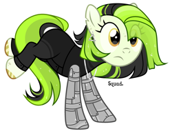 Size: 3552x2702 | Tagged: safe, artist:bad_trip, derpibooru import, oc, oc only, oc:radium glow (ice1517), cyborg, earth pony, pony, amputee, bodysuit, cyber-questria, ear piercing, earring, female, jewelry, mare, multicolored hair, necklace, piercing, prosthetic limb, prosthetics, raised leg, rearing, simple background, solo, unshorn fetlocks, wetsuit, white background