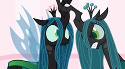 Size: 844x468 | Tagged: safe, artist:mixermike622, derpibooru import, edit, queen chrysalis, changeling, changeling queen, pony, ..., adorable distress, angry, anxiety, canon, confused, crossover, cute, cutealis, duo, faic, fake, faker than a three dollar bill, fangs, fanon, fear, female, flanderization, frown, furious, gritted teeth, help me, helpless, horn, horns are touching, hyperventilating, intimidating, looking at each other, mare, now you fucked up, oh crap, oh crap face, oh shit, panic, panic attack, payback, revenge, rivalry, scared, seething, self paradox, self ponidox, shit just got real, shocked, shrunken pupils, spread wings, standing, the implications are horrible, this will end in death, this will end in pain, this will end in tears, this will end in tears and/or death, threat, threatening, villain decay, wall of tags, wat, wide eyes, wings, worried