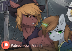 Size: 1603x1138 | Tagged: safe, artist:flysouldragon, derpibooru import, oc, oc:calamity, oc:littlepip, pegasus, pony, unicorn, fallout equestria, advertisement, clothes, cowboy hat, female, glowing horn, hat, hetero littlepip, horn, male, mare, patreon, patreon logo, patreon preview, piplamity, stallion, vault suit