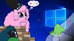 Size: 3400x1900 | Tagged: safe, artist:qnight, derpibooru import, oc, oc:fluffle puff, pony, bricks, cracked screen, microsoft, pillow, solo, speech bubble, wallpaper, windows