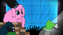 Size: 3400x1900 | Tagged: safe, alternate version, artist:qnight, derpibooru import, oc, oc:fluffle puff, pony, bricks, cracked screen, party, pillow, solo, speakers, stage light