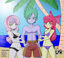 Size: 2000x1799 | Tagged: safe, alternate version, artist:oldskullkid, derpibooru import, apple bloom, spike, sweetie belle, equestria girls, apple bloom's bow, beach, bikini, bow, clothes, commission, female, hair bow, human spike, male, ocean, shipping, shorts, spikebelle, spikebloom, straight, swimsuit, tree, water