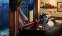 Size: 1800x1064 | Tagged: safe, artist:silentwulv, derpibooru import, oc, oc only, pony, unicorn, bed, bedroom, plant, window