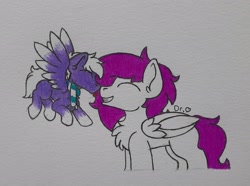Size: 2471x1843 | Tagged: safe, artist:drheartdoodles, derpibooru import, oc, oc only, oc:dr.heart, oc:infinatus, pegasus, boop, chest fluff, clothes, clydesdale, scarf, size difference, smiling, traditional art