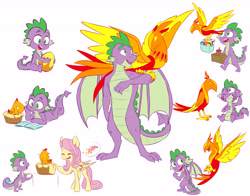 Size: 6900x5415 | Tagged: safe, artist:chub-wub, derpibooru import, fluttershy, peewee, spike, dragon, pegasus, phoenix, pony, molt down, absurd resolution, basket, book, cute, duo focus, egg, female, male, mare, molting, older, older spike, open mouth, peeweebetes, phoenix egg, pictogram, prone, reading, shyabetes, simple background, speech bubble, spikabetes, sweat, sweatdrop, what could have been, white background, winged spike
