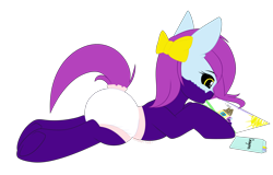 Size: 3000x1920 | Tagged: safe, artist:xcinnamon-twistx, derpibooru import, oc, oc only, oc:aeris strider, earth pony, baby, bow, crayons, cute, diaper, drawing, female, filly, foal, mask, paper, simple background, solo, transparent background