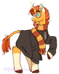 Size: 628x782 | Tagged: safe, artist:plagued-arts, artist:toxxicartist, derpibooru import, sunburst, unicorn, cape, clothes, crossover, glasses, gryffindor, harry potter, male, robe, scarf, simple background, smiling, solo, stallion, transparent background, uniform, wizard