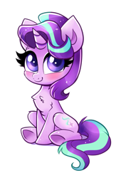 Size: 2120x2990 | Tagged: safe, artist:confetticakez, derpibooru import, starlight glimmer, unicorn, blushing, chest fluff, chibi, cute, female, glimmerbetes, mare, shadow, simple background, sitting, solo, underhoof, white background