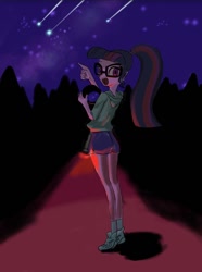 Size: 686x920 | Tagged: safe, artist:dadss_rootbeer, artist:xjleiu, derpibooru import, sci-twi, twilight sparkle, equestria girls, clothes, female, flashlight (object), glasses, hoodie, looking at you, looking back, night, outdoors, pointing, ponytail, shoes, shooting star, shorts, sky, smiling, smiling at you, sneakers, socks, solo