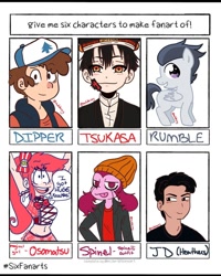 Size: 1080x1350 | Tagged: safe, artist:hatarakuoniisan, derpibooru import, rumble, ghost, human, pegasus, pony, undead, :p, baseball cap, bust, cap, clothes, colt, crossover, dipper pines, gravity falls, hat, heathers the musical, male, osomatsu-san, six fanarts, spinel (steven universe), steven universe, toilet-bound hanako-kun, tongue out