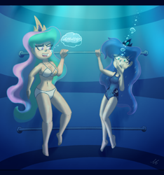 Size: 3000x3200 | Tagged: safe, artist:thenomo16, derpibooru import, princess celestia, princess luna, human, asphyxiation, bikini, breasts, clothes, drowning, humanized, one-piece swimsuit, princess breastia, swimsuit, training, underwater