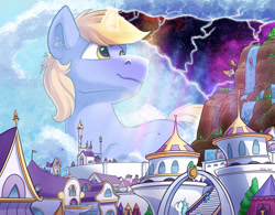 Size: 2500x1949 | Tagged: safe, artist:tsitra360, derpibooru import, oc, oc only, oc:pan sizzle, oc:ribbon step, oc:snap feather, oc:star bright, pony, airship, building, canterlot, castle, cloudsdale, cosmic wizard, crepuscular rays, giant pony, giant unicorn, giga giant, impending disaster, macro, magic, male, reality, smiling, space, stallion, tree, waterfall, wizard